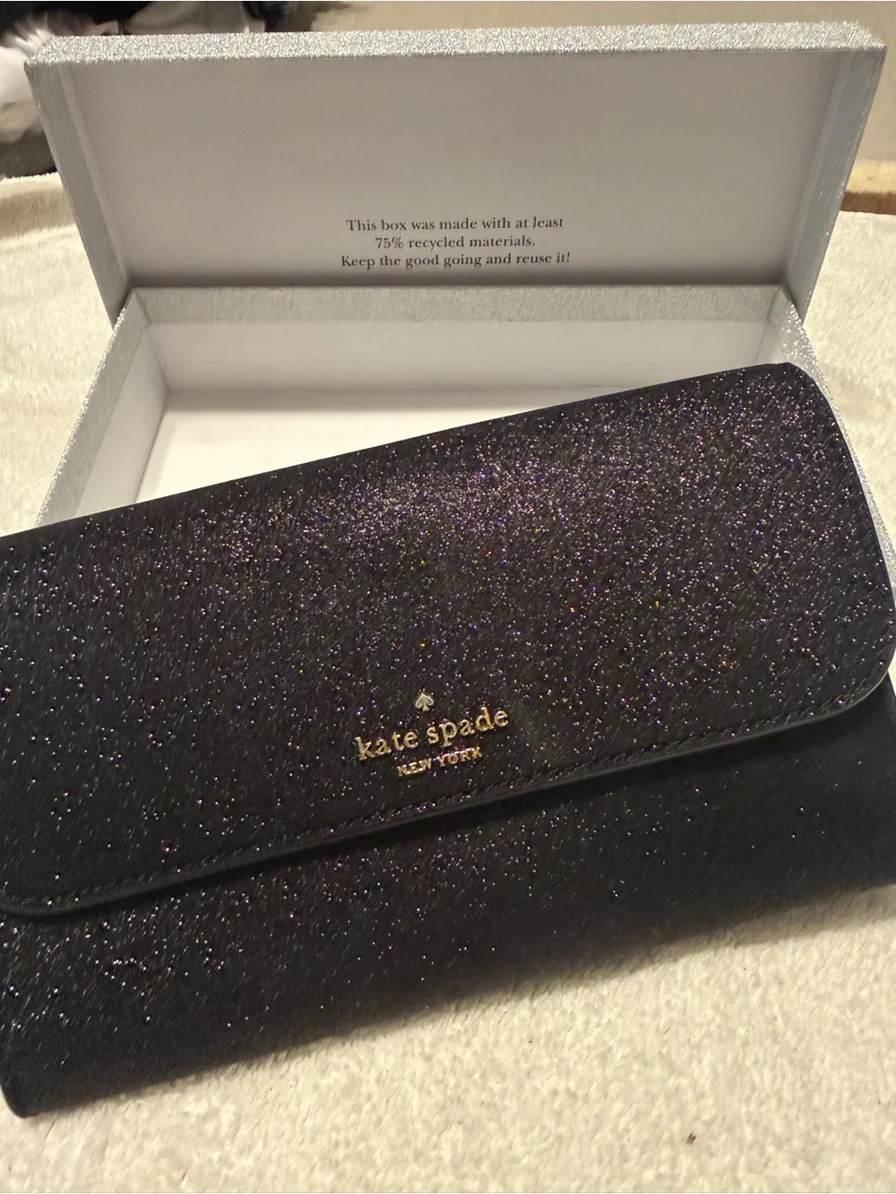 kate spade Black and Purple Glitter Foldover Clutch with Gold Logo